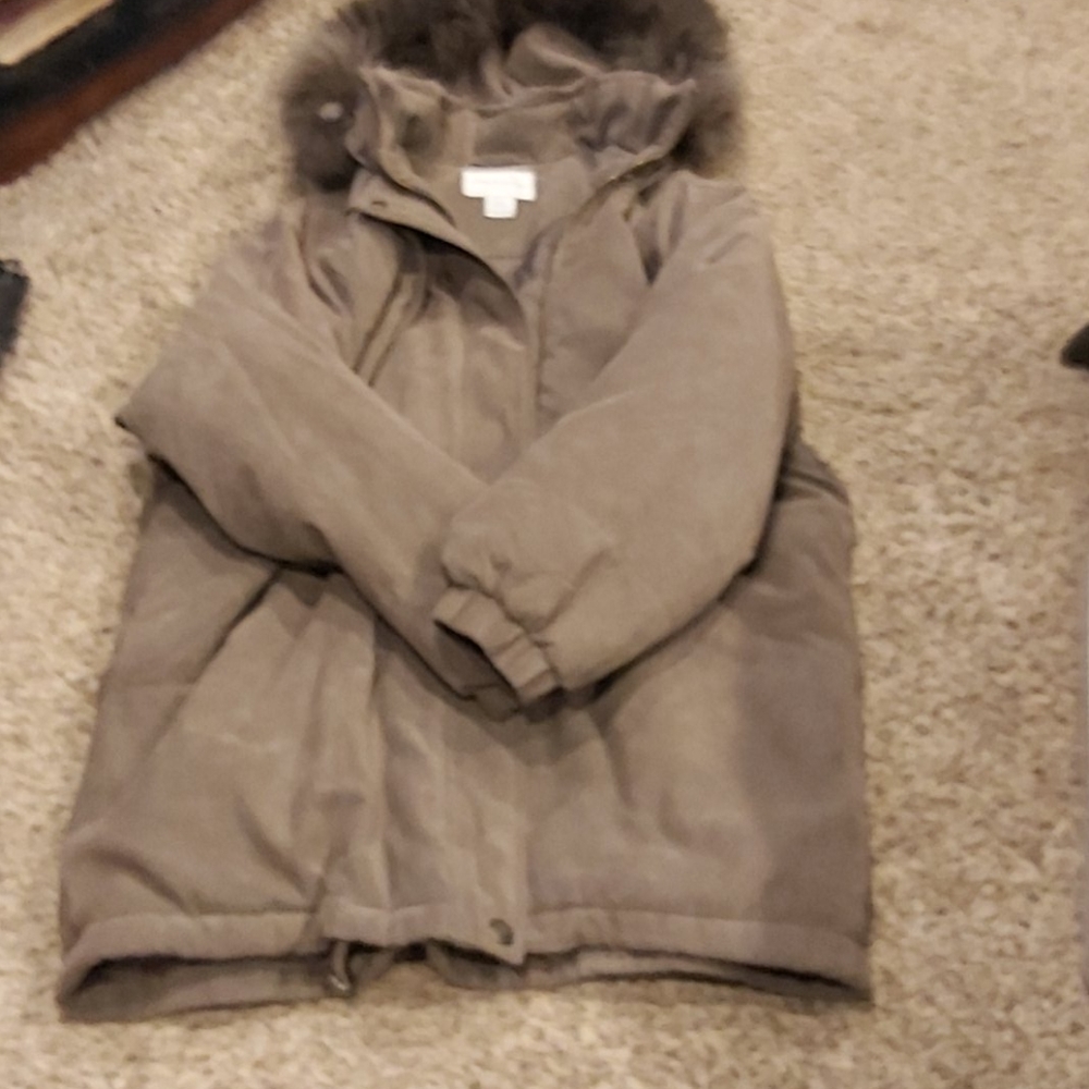 Womens winter jacket faux fur lined hood.